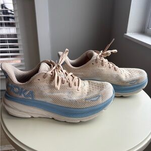 Hoka Cream and Light Blue Athletic Shoes